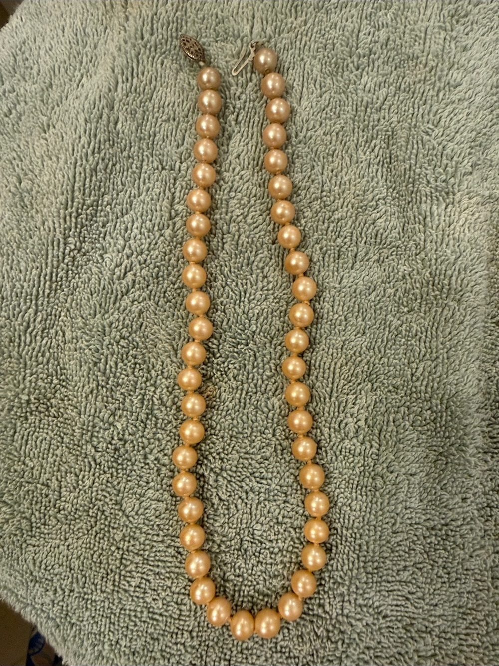 Vintage Champagne Peach Pearl Necklace Long Strand Filigree Clasp